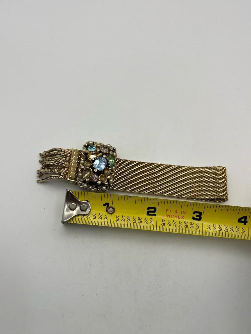 Victorian Revival gold tone mesh tassel slider adjustable rhinestone bracelet